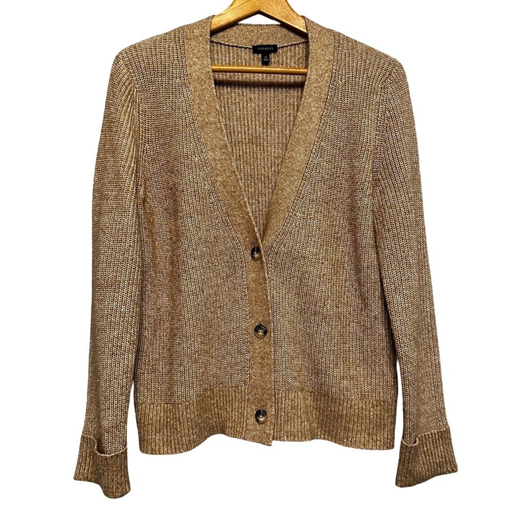 Talbots Tan Ribbed Wool Blend Cardigan Sweater Medium Preppy Office Casual Chic
